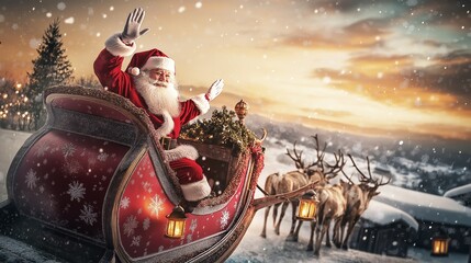 Santa Claus Joyfully Riding in His Sleigh, Pulled by Reindeer, Through a Magical Snowy Winter Wonderland at Night
