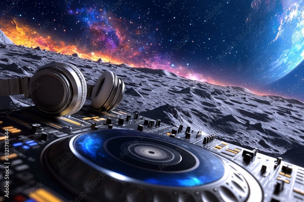 Canvas Prints space party with astronaut in dj spacesuit and headphones at a view of planets and galaxy stars in n