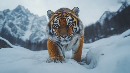 Obraz premium Cinematic wildlife photography capturing a photorealistic Siberian tiger in the snowy mountains, highlighting the majestic beauty of nature in high resolution