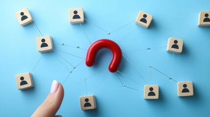 Top view of a person holding a red magnet at the center of a network with people icons on wooden blocks connected by lines, representing customer attraction on a blue background
