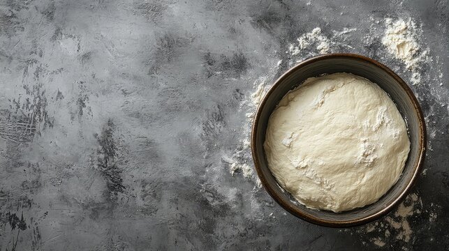 Top view flat lay photograph of homemade dough in a bowl on a grey background, featuring ample copy space for culinary design and promotional use