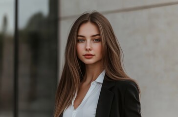 Fototapeta premium A young woman with long hair stands confidently in a tailored outfit, exuding professionalism in a contemporary setting