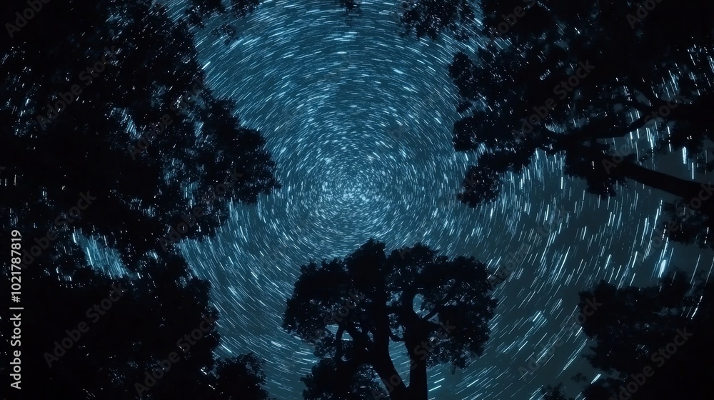 Poster timelapse of stars trailing across the night sky with silhouette of trees generative ai