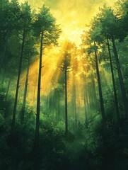 Obraz premium Sunlight shining through the trees in a forest