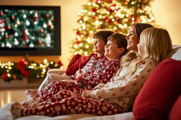 Family in Christmas pajamas watching holiday movies together
