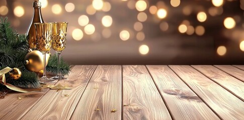 Fototapeta premium An empty wooden tabletop with a blurred background covering a party for a birthday, suitable for product display, AI generative