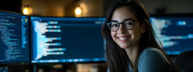 A young woman in glasses smiles at the camera while sitting near her computer, surrounded by monitors displaying code and data