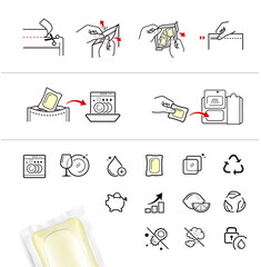 Clear realistic dishwasher capsule with icon set. Icon set shows manual instructions and the main advantages. Vector Illustration isolated in white background. Great for your design. EPS10.