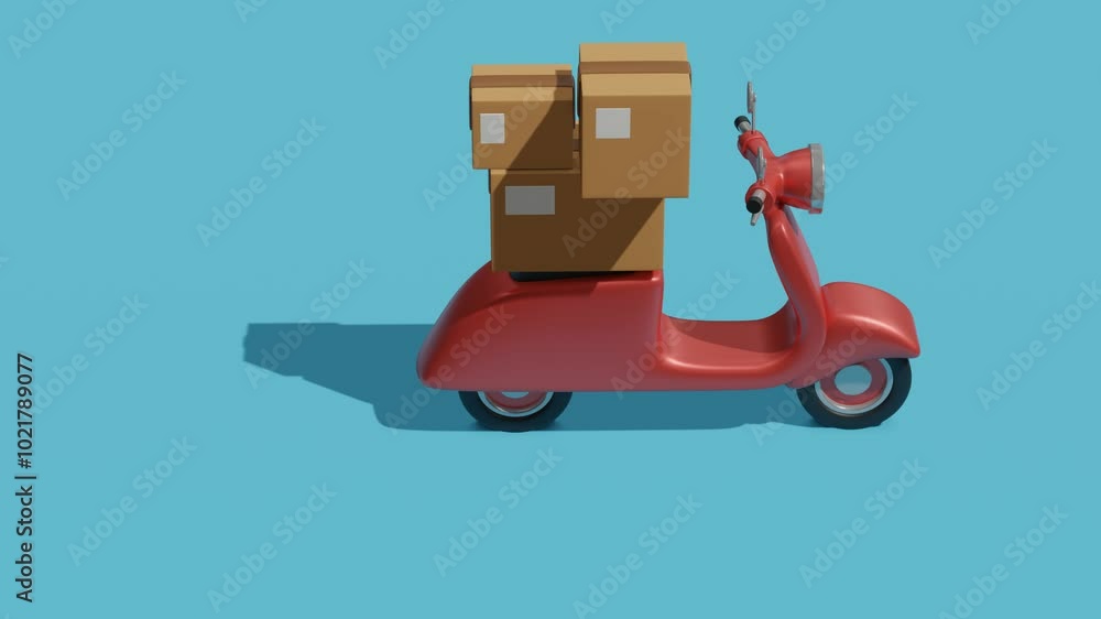 Poster a red scooter loaded with boxes for delivery. minimal modern motion design. abstract animation