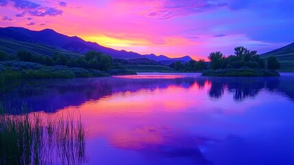 Fototapeta premium Serene Landscape of a Vibrant Sunset over a Tranquil Lake Generative AI