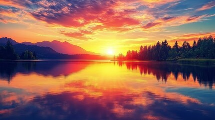 Obraz premium Serene Landscape of a Vibrant Sunset over a Tranquil Lake Generative AI