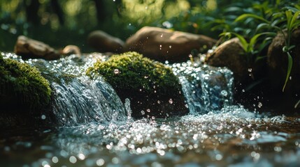 Serenity of Nature: Water Rushing Over Mossy Rocks in a Forest Stream Generative AI