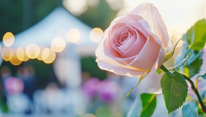 A sunny day celebration with wedding guests at a beautiful outdoor venue, luxury wedding decor inspiration with flowers and a celebration party at the garden estate. Stock.
