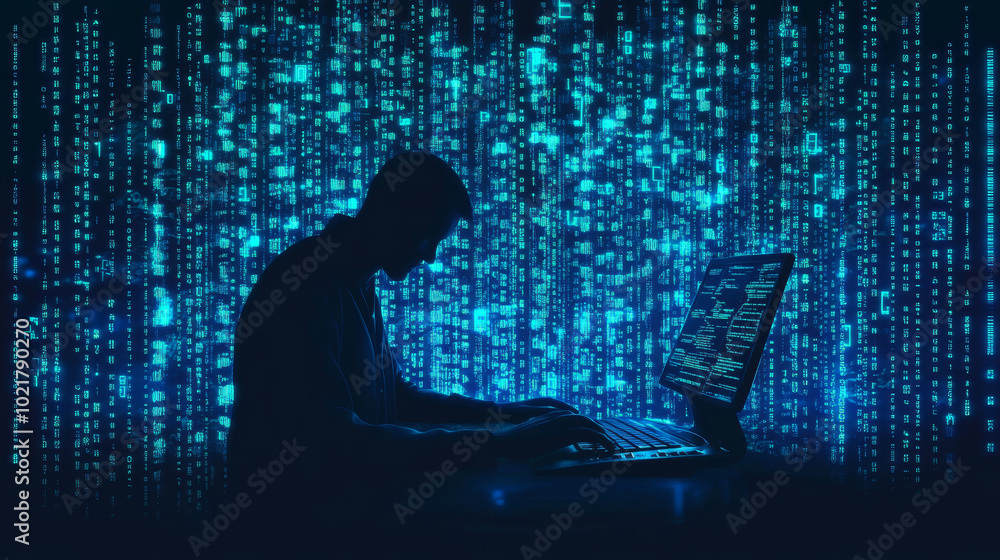 Aufkleber a shadowy figure sits at a computer, surrounded by flashing code and symbols. this represents the th