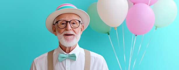 A hipster gentleman with a beard and pink glasses holds colorful balloons in front of a vivid teal blue background, a delightful card for Father's day or a whimsical invitation for a birthday party.