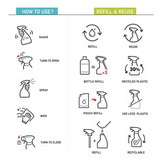 Trigger spray for refill, using, recycling packaging icon set. The outline icons are well scalable and editable. Can be used for cleaning products, chemicals, sprayers. EPS10.