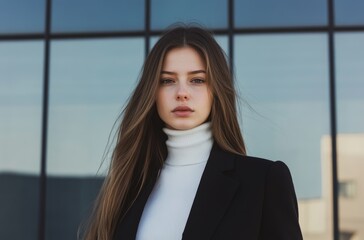Fototapeta premium A young woman in a high-neck sweater and blazer stands in front of a contemporary glass building, gazing thoughtfully