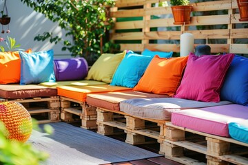 A colorful set of pillows on a wooden bench, generative ai image