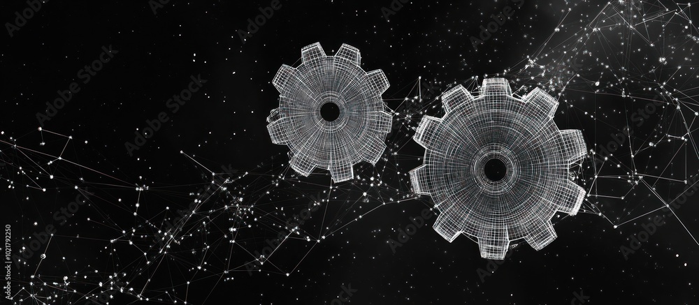 Poster abstract image of two gears in the form of a starry sky or space, consisting of points, lines, and s