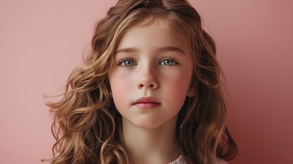 Naklejka premium Portrait of a thoughtful young girl with wavy hair against pink background