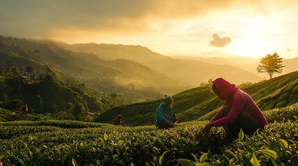 Fototapeta premium A group of individuals plucking tea leaves on a verdant hillside as the sun descends beyond the mountains in the background