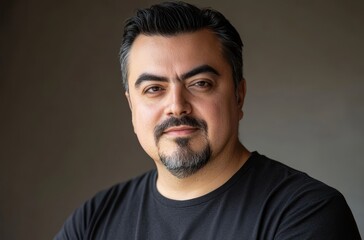Obraz premium A man with a well-groomed beard stands confidently, looking directly at the viewer in a casual black shirt