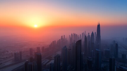 Fototapeta premium Dubai city skyline at sunrise from an elevated perspective, showcasing the city's iconic skyscrapers and urban landscape.