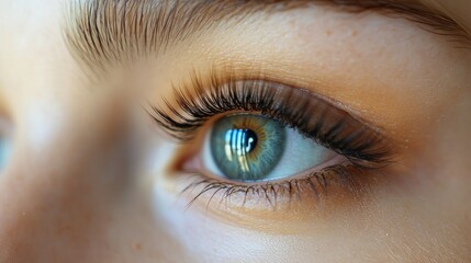 Obraz premium Close up of a woman's blue eye with long eyelashes. (1)