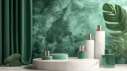 A simple 3D design with a green velvet backdrop, perfect for showcasing cosmetics.  This design is ideal for promoting sales or displaying products.