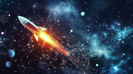 A simple, artistic design of a rocket flying through a starry sky. It uses dots, lines, and shapes to represent planets, stars, and the vastness of space.