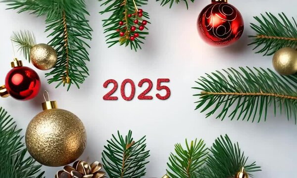 2025 New Year with Christmas Decorations, Firns and Christmas Tree Bubbles.