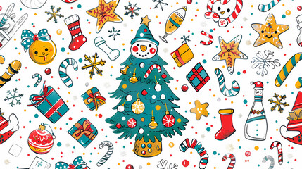 set of doodle illustrations featuring a Christmas tree with New Year's toys, a smiling snowman in a New Year's hat, gift boxes, a bottle of champagne, lollipops, fir branches, festive snowflake cookie
