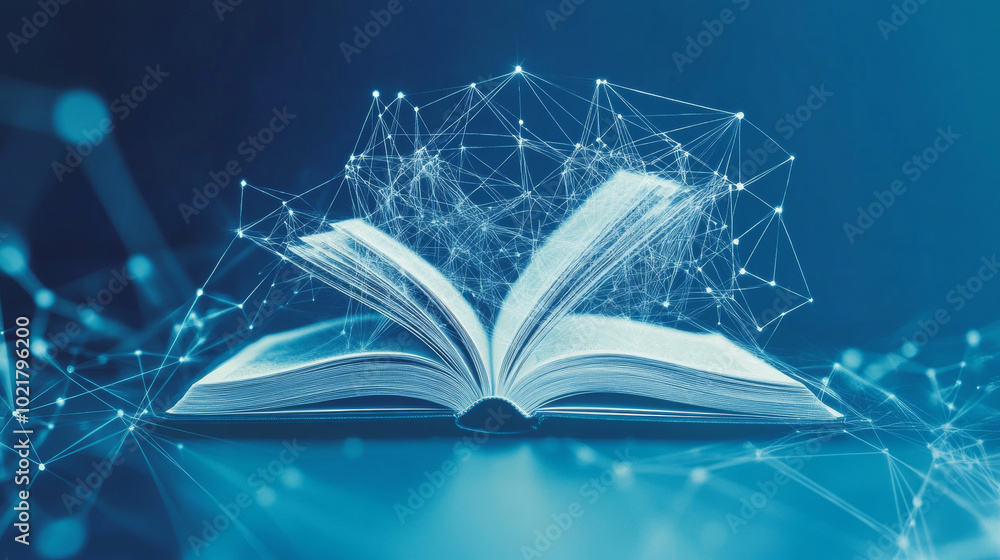 Poster a simple, digital image shows an open book on a computer screen. it represents online learning, with