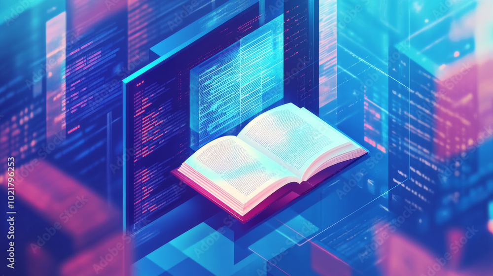 Poster a simple, digital image shows an open book on a computer screen. it represents online learning, with