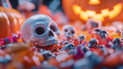 Naklejka premium Candy bats and skull decorations, scattered in a Halloween setup, viewed from the side.