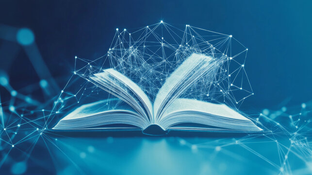 A simple, digital image shows an open book on a computer screen.  It represents online learning, with a blue background and a geometric style.