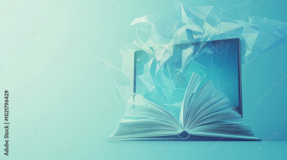 Poster a simple, digital image shows an open book on a computer screen. it represents online learning, with