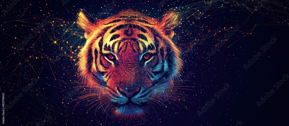 Poster abstract image of tiger in the form of a starry sky or space, consisting of points, lines