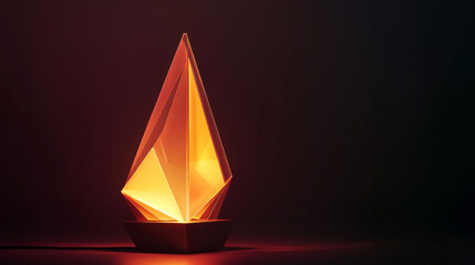 A simple, geometric 3D lamp with a bright, warm light shines against a dark background. The lamp's design uses triangles and lines, creating a modern, abstract look.