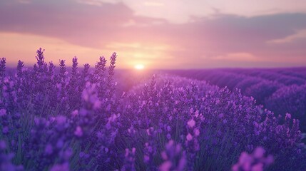 Fototapeta premium A lavender field with the sun setting in the distance is a sight to behold The soft colors and gentle sway of the flowers create a serene atmosphere, while the fading sunlight adds