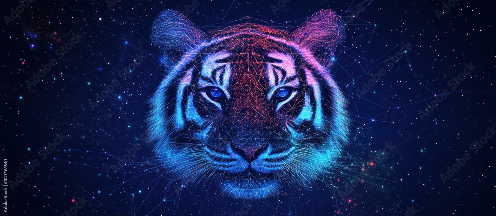 Poster abstract image of tiger in the form of a starry sky or space, consisting of points, lines