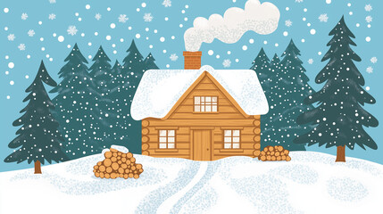 illustration of a cozy wooden cabin covered in snow, surrounded by pine trees. Include details like smoke rising from the chimney, a stack of firewood.