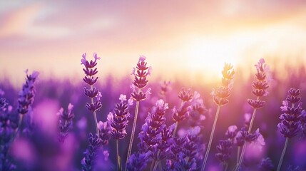 Naklejka premium An image of a lavender field illuminated by the sun through cloudy skies, with the sky in the foreground