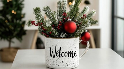 Decorated with evergreen branches, red berries, and gold ornaments, this outdoor planter with a WELCOME sign brings holiday cheer to the concrete wellhead