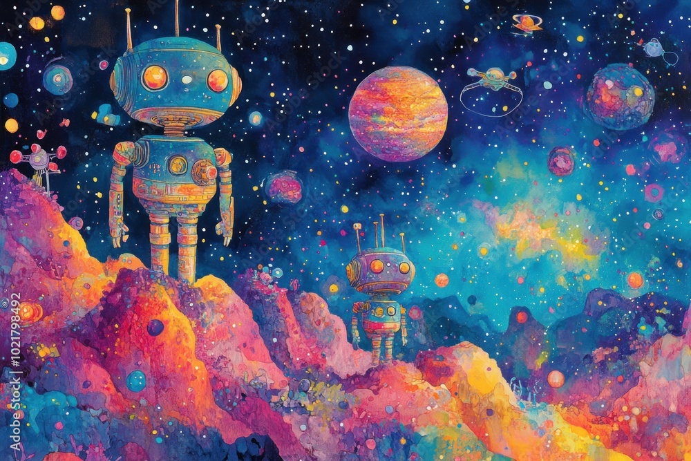 Poster two robots stand on a colorful alien planet, gazing at a starry sky filled with planets and a spaces