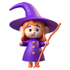 Adorable 3D Render of a Little Witch.  A charming, cartoon-style 3D rendering of a friendly little witch in a purple robe and hat, holding a wooden staff. Perfect for Halloween, children's books.