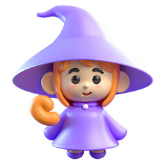 Adorable 3D Render of a Little Witch: A charming, cartoonish 3D render of a friendly young witch in a lavender robe and matching hat, waving cheerfully.