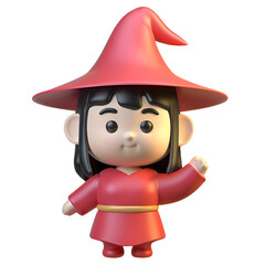 Cute Witch 3D Render: A charming, smiling witch with big eyes and a red pointed hat, in a friendly and playful 3D cartoon style. Perfect for Halloween, fantasy, and magical themes.  