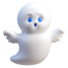 Adorable 3D Ghost: Boo! A charming, cartoonish 3D render of a friendly ghost with big, surprised blue eyes. Perfect for Halloween, kids' content, or whimsical designs. 