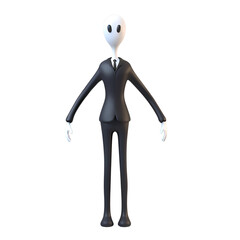 The Silent Businessperson: A 3D rendering of a minimalist, faceless character in a business suit, standing with outstretched arms, ready for a presentation.
